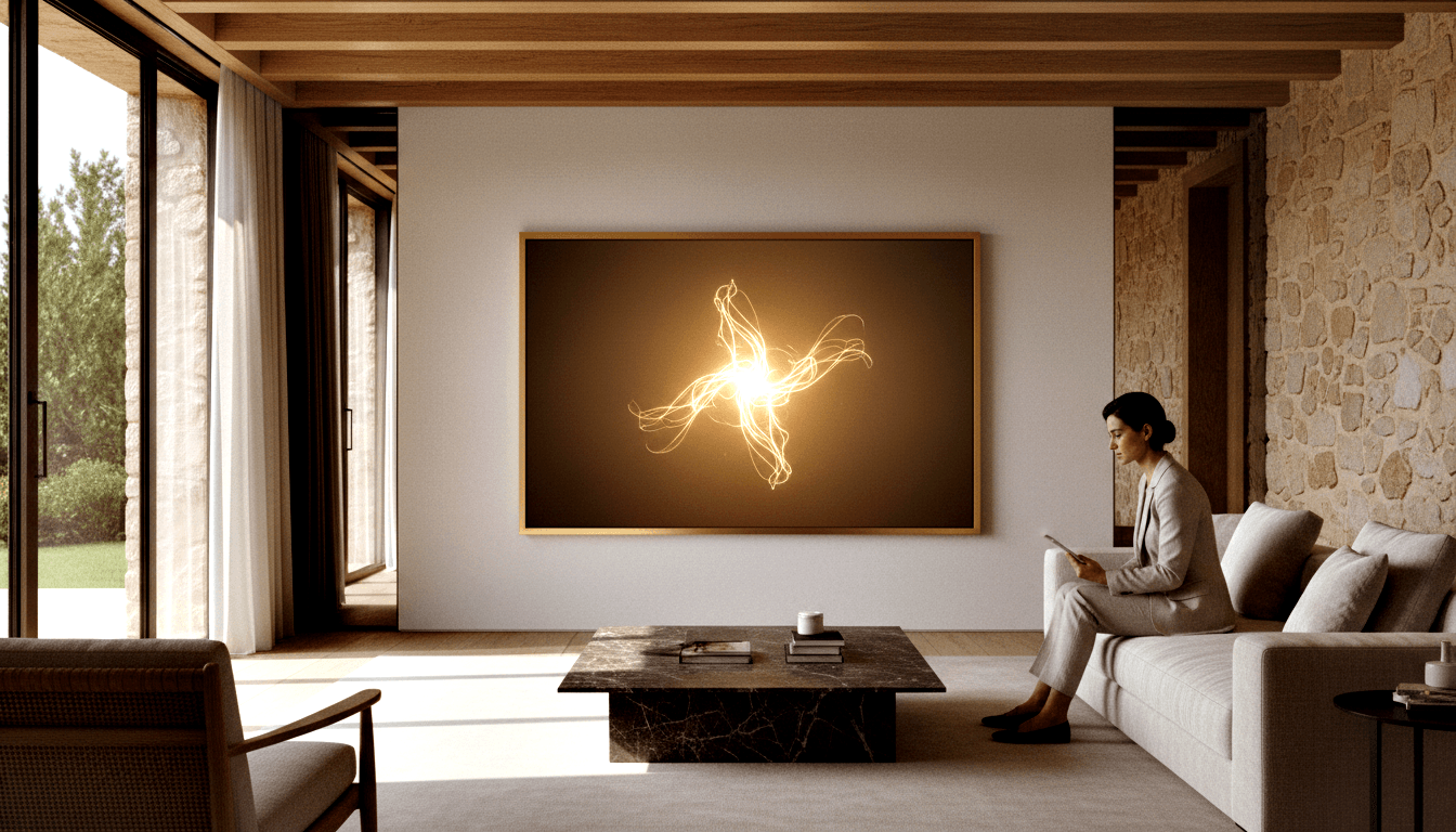 Woman in beige blazer sits on cream modular sofa looking at handheld device in minimalist room with exposed wooden beams and stone wall.