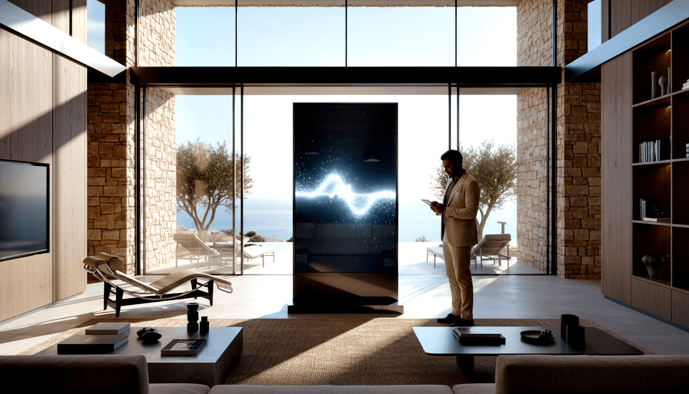 Man in beige suit holding a tablet stands beside a tall portrait screen displaying a blue-white waveform, in a modern stone-walled living room.
