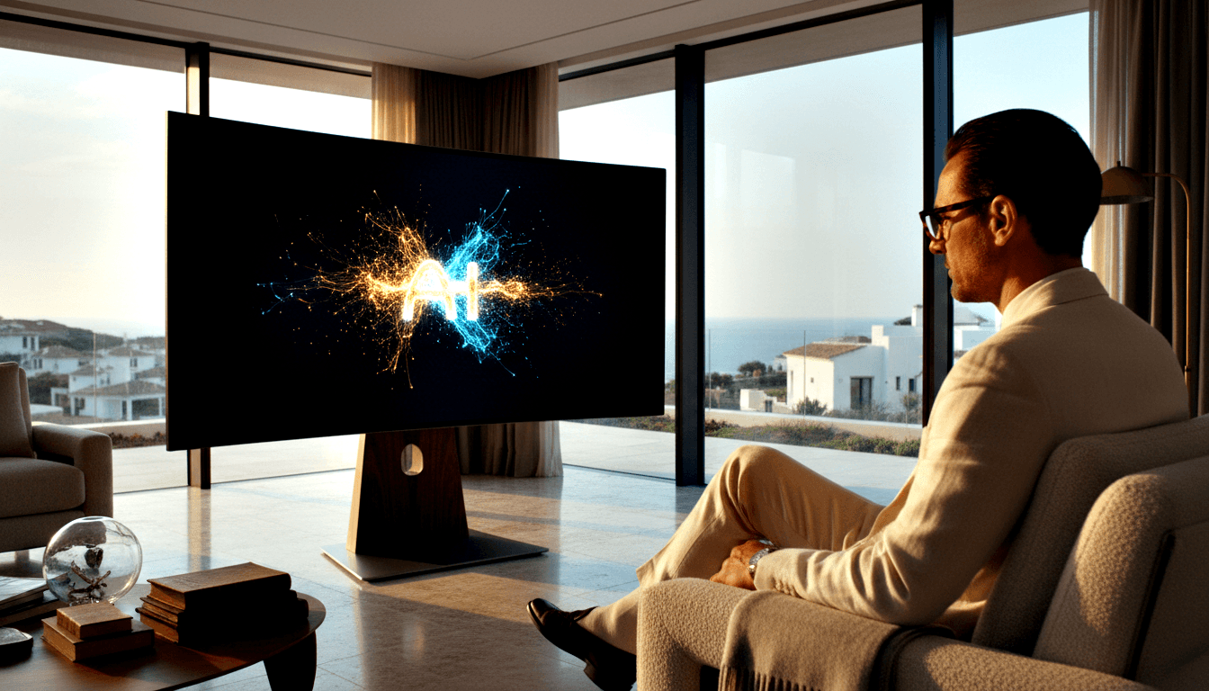 Man in glasses and cream blazer sits cross-legged in bouclé chair facing TV showing cyan-gold graphics; sea view, golden light.