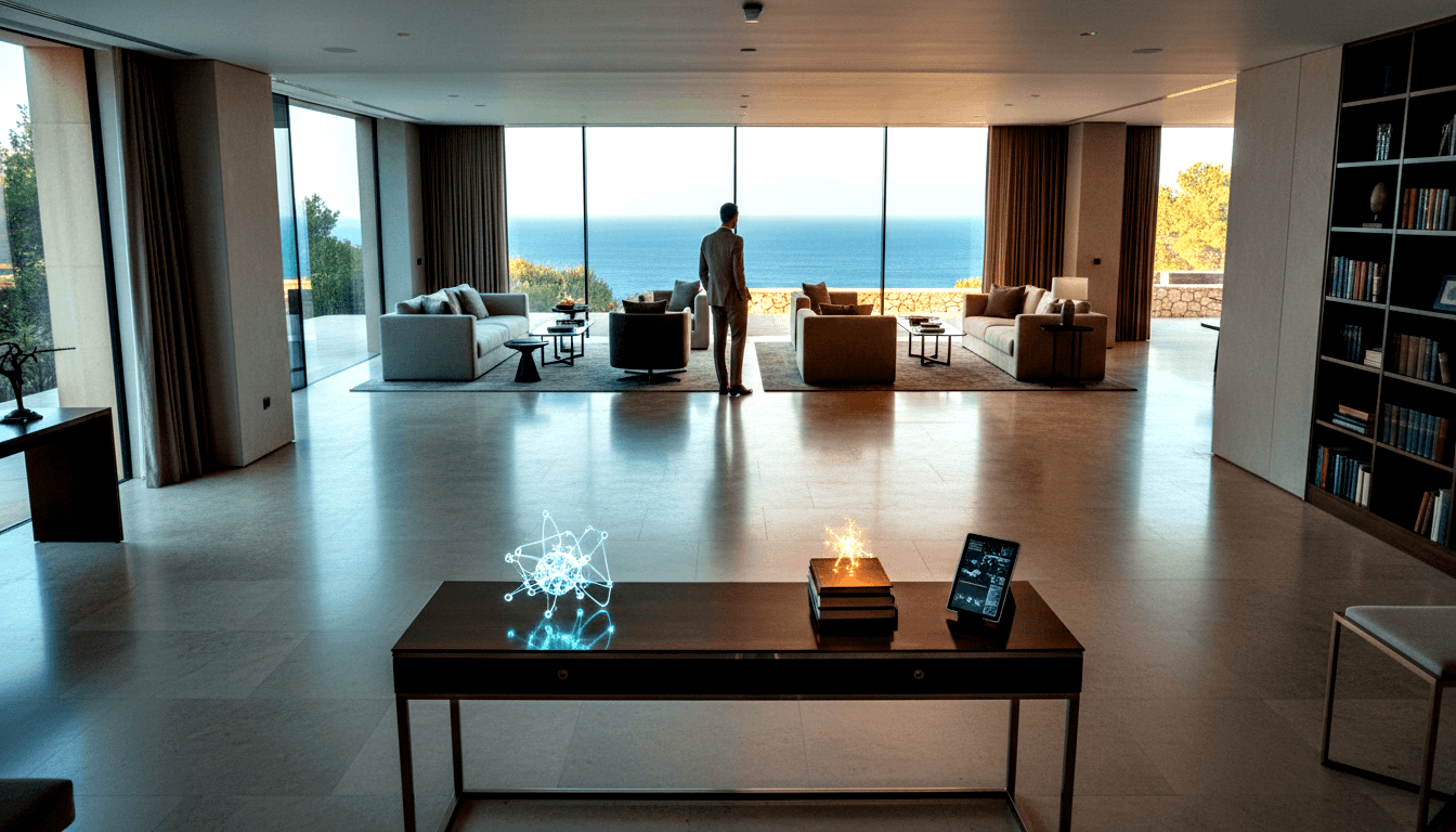 Man in tan suit gazes at ocean through glass walls at golden hour; console holds cyan geometric structure and tablet.