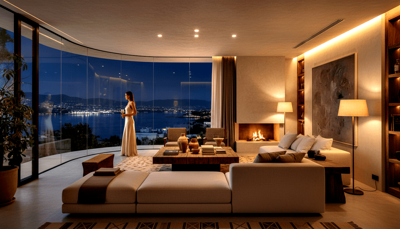 Cream living room with curved glass wall revealing nighttime coastal cityscape; woman in white dress holds a stemmed glass.
