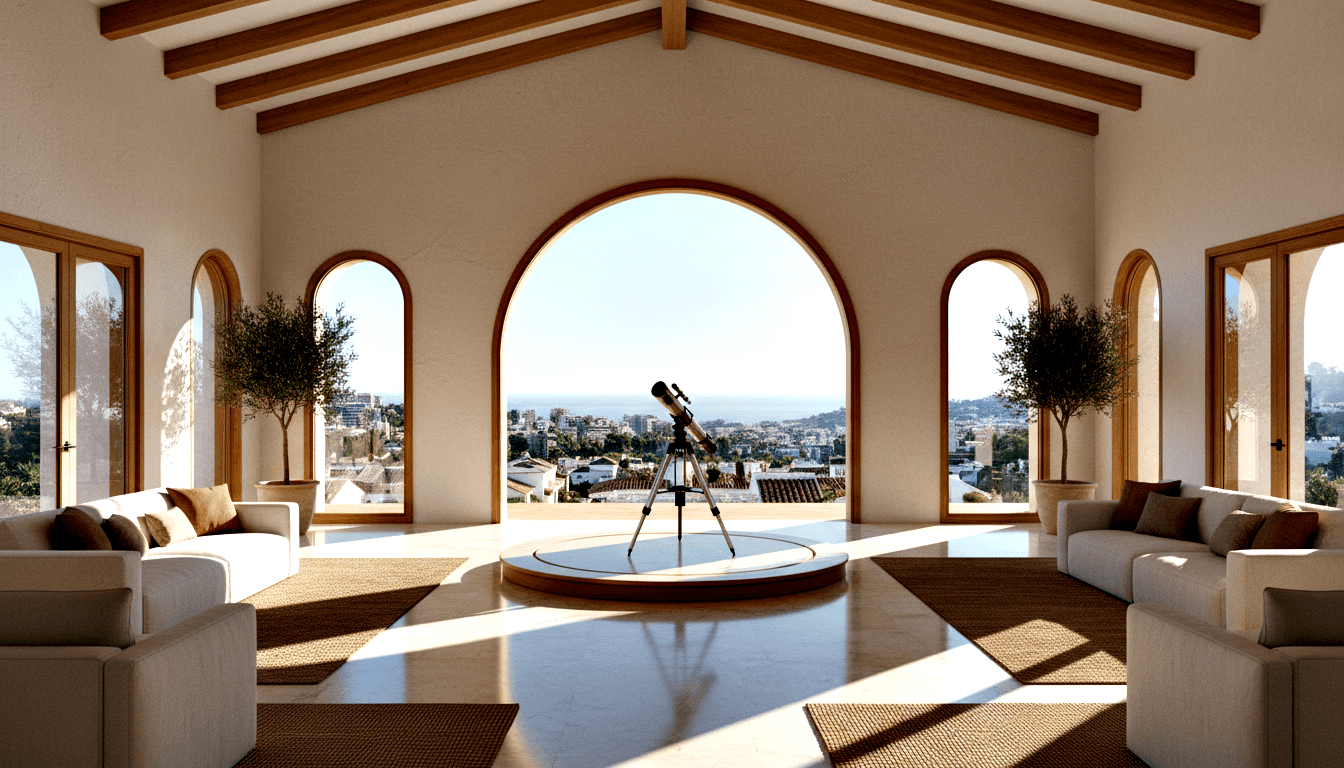 Symmetrical room with vaulted beams, telescope on raised platform before arched opening framing hillside cityscape.