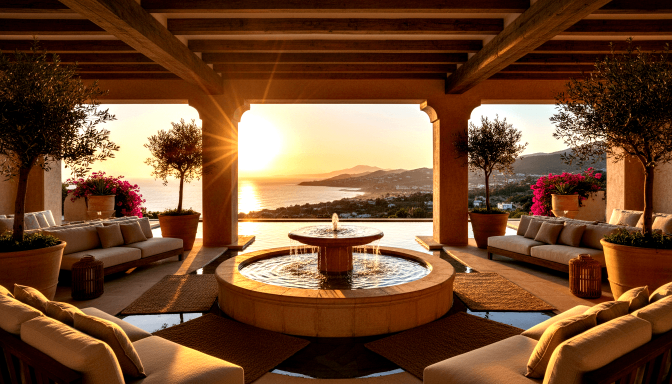 Covered terrace with central stone fountain, cream sofas, and bougainvillea framing a panoramic coastal bay and mountain sunset view.