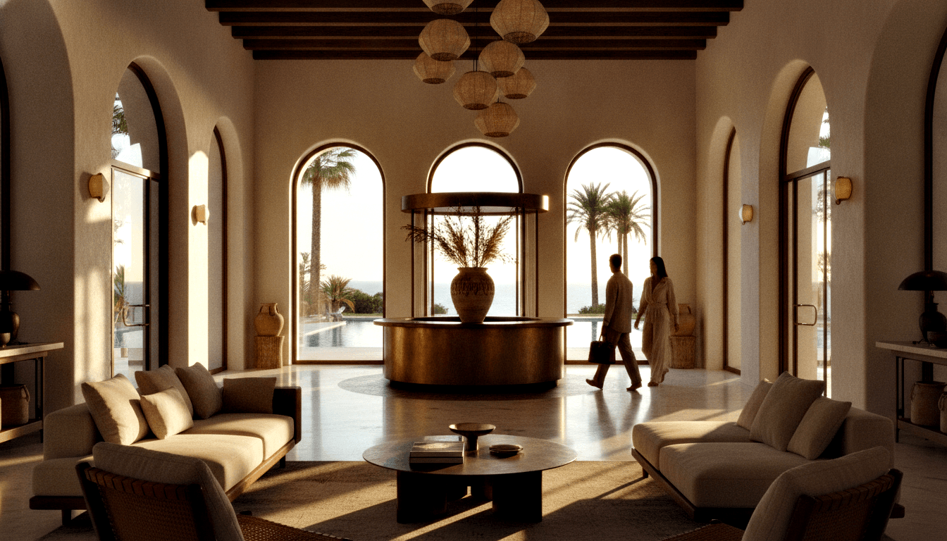 Symmetrical hotel lobby: bronze reception desk, pampas grass vase, cream sofas, woven lanterns, two silhouettes at arched windows.