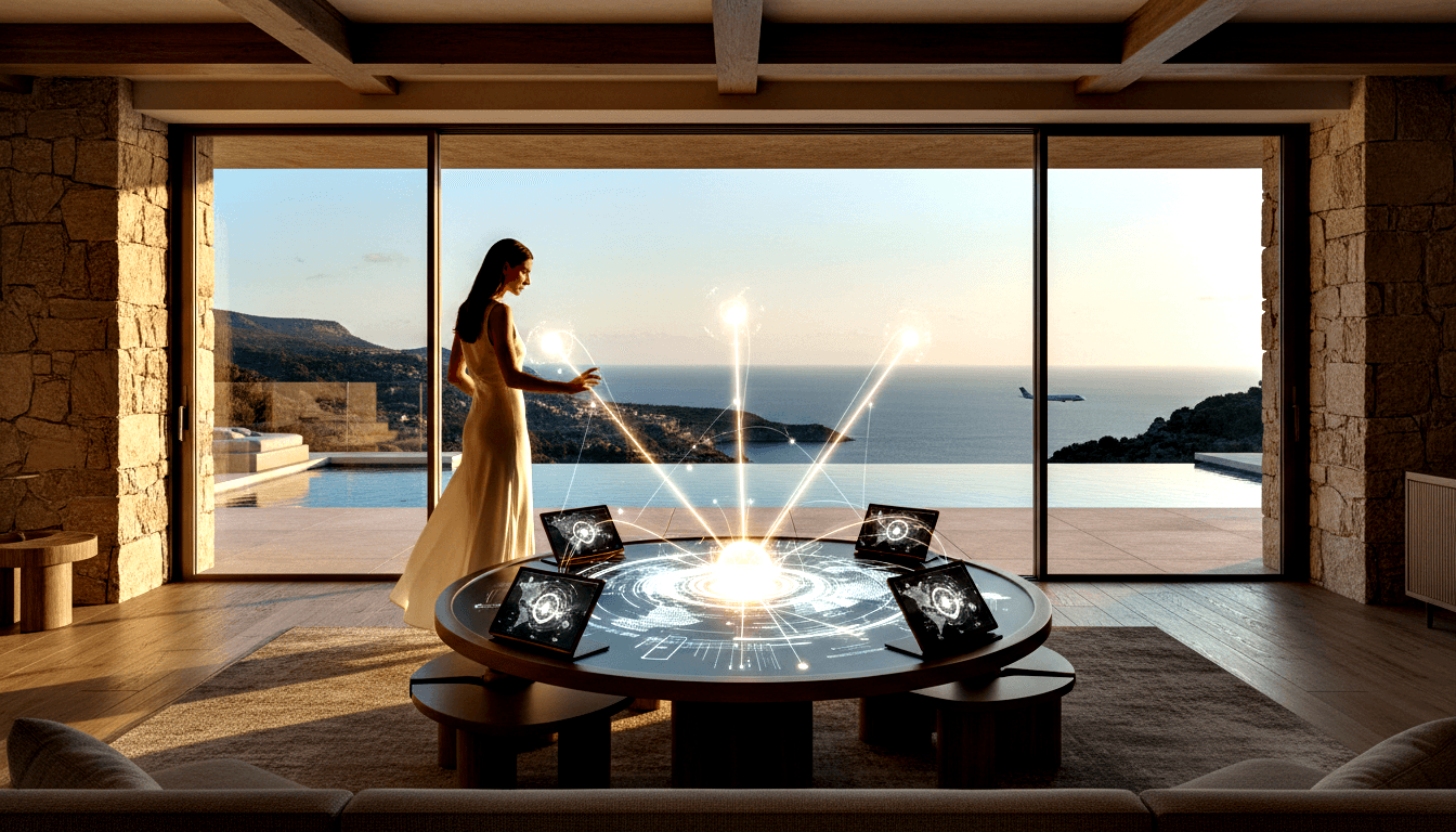 Woman in cream dress gestures at dark round table emitting holographic beams, stone room, glass doors open to sea view.