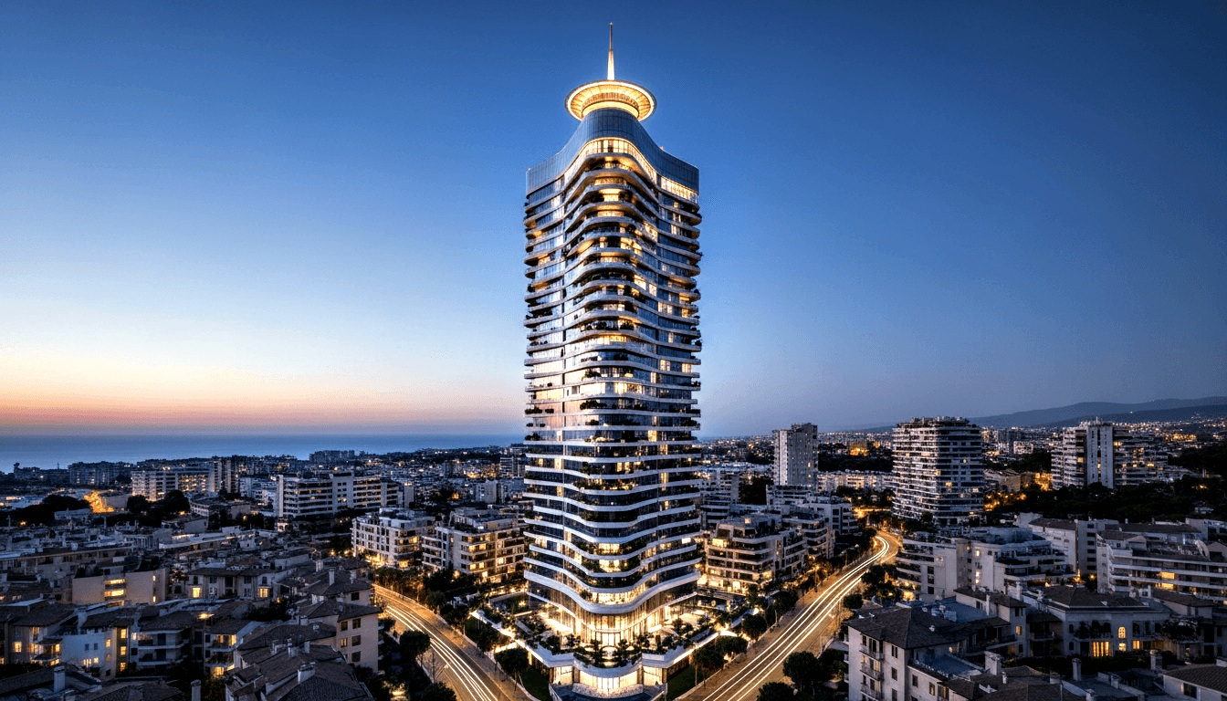 Tall skyscraper with wave-form balconies, greenery, and glass topped by a circular disc and spire at twilight, palm-lined streets below.