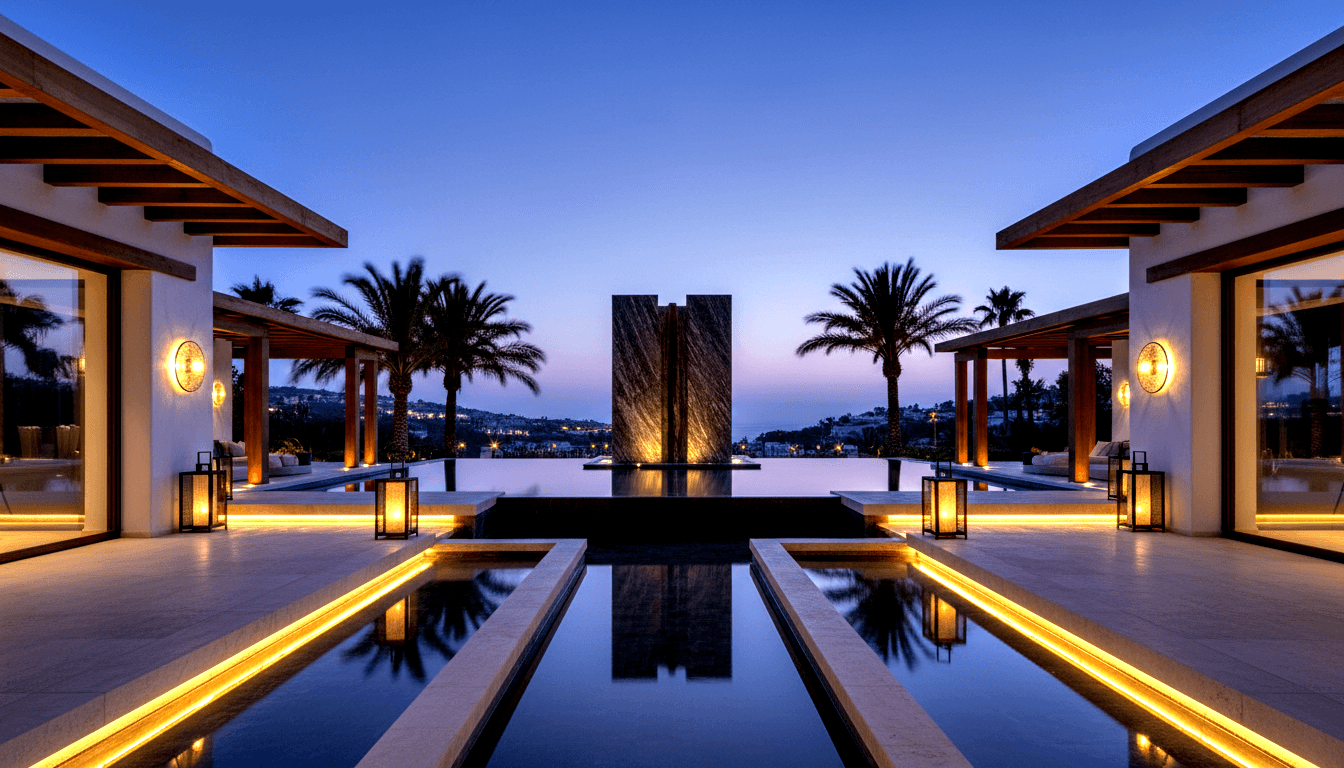Courtyard at dusk with dark stone water wall, amber-lit rectangular channels, square lanterns, and palm trees under deep blue twilight sky.