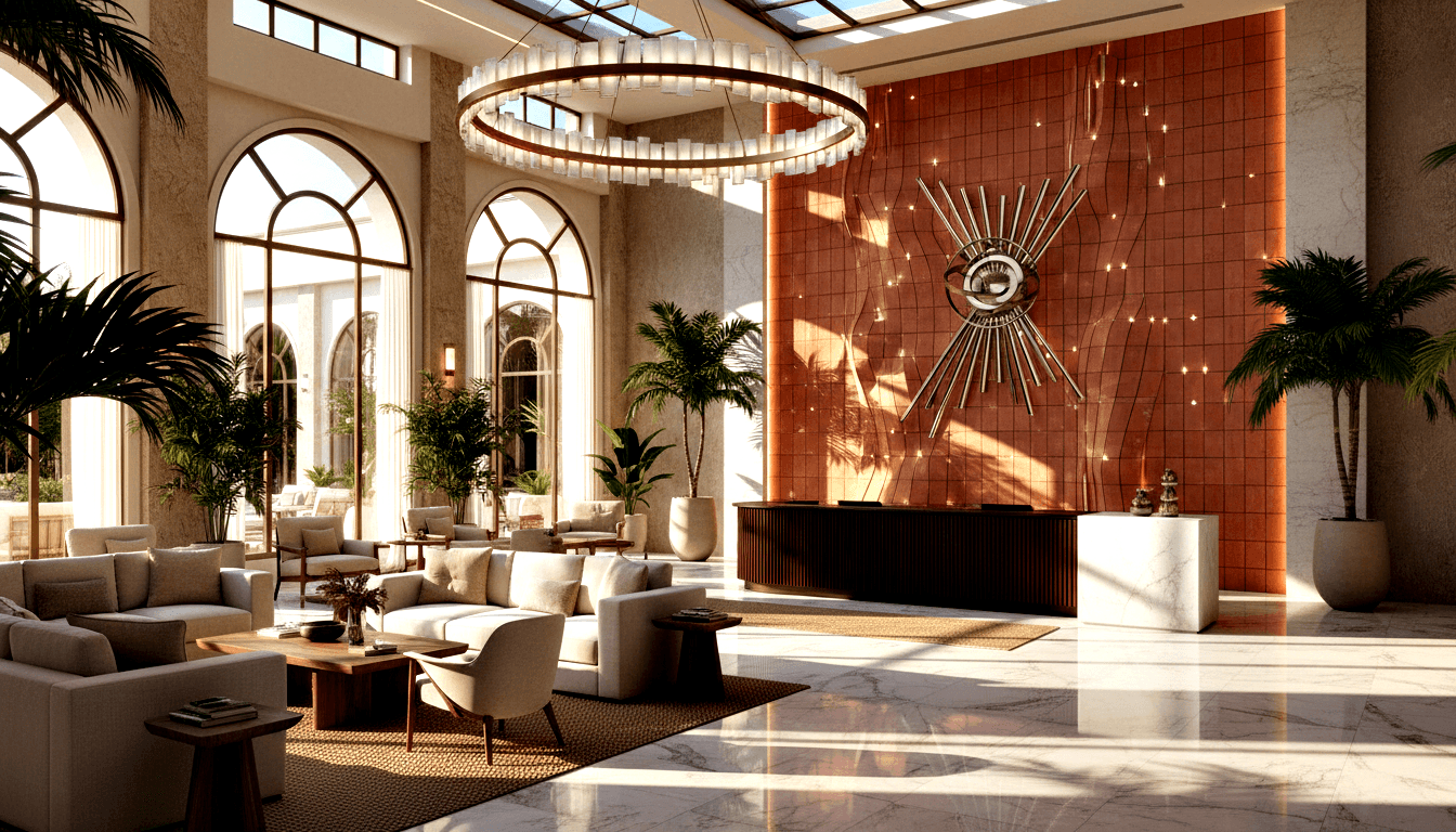 CGI hotel lobby: dark wood desk, metallic starburst sculpture, circular chandelier, marble floors, bronze arched windows, potted palms.