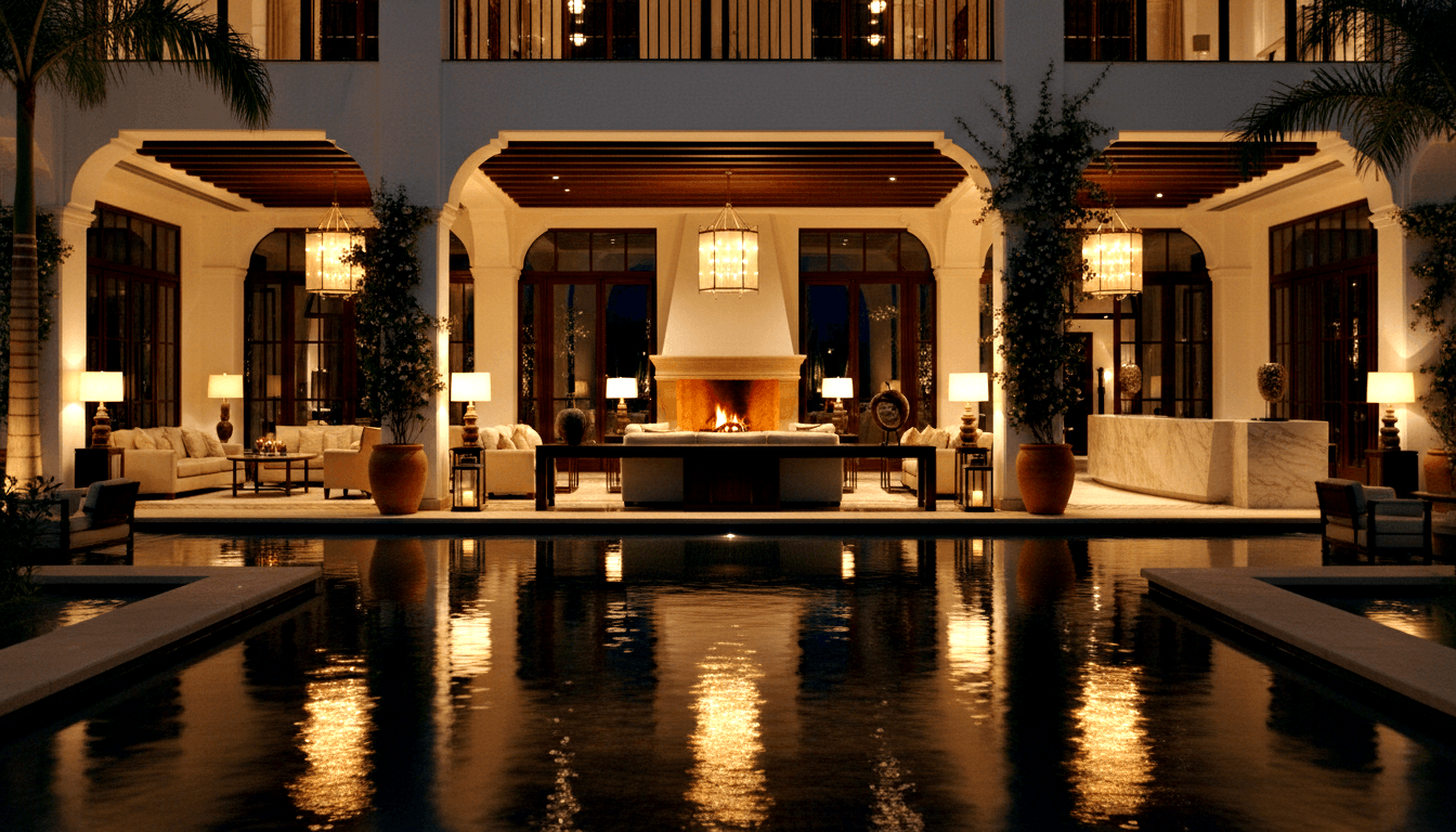 Covered outdoor loggia at night: stone fireplace, cream sofas, pendant lanterns, reflecting pool mirroring arched white stucco building.