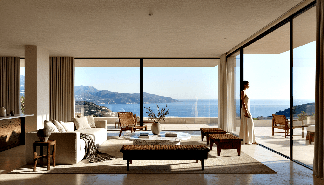 Woman in white dress by floor-to-ceiling glass panels opening to coastal bay, mountains, and hillside under blue sky.