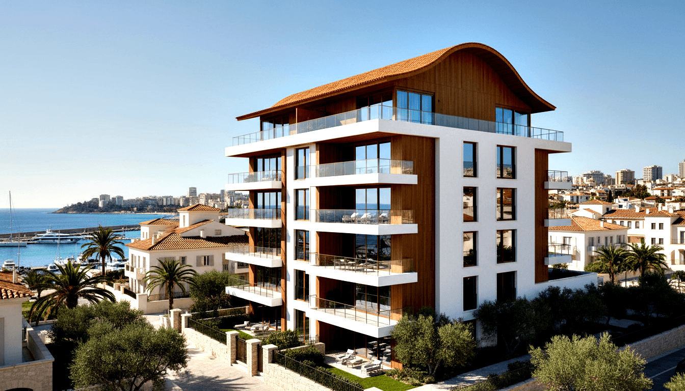 6–7 storey residential building, curved terracotta roof, wood cladding, glass balconies, garden with olive trees, marina and sea behind.