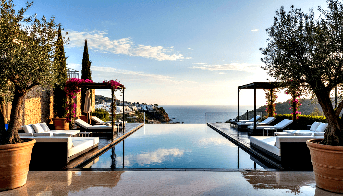 Infinity pool with dark tiles flanked by bougainvillea-draped pergolas, sun loungers, and a whitewashed hillside village beyond at golden hour.