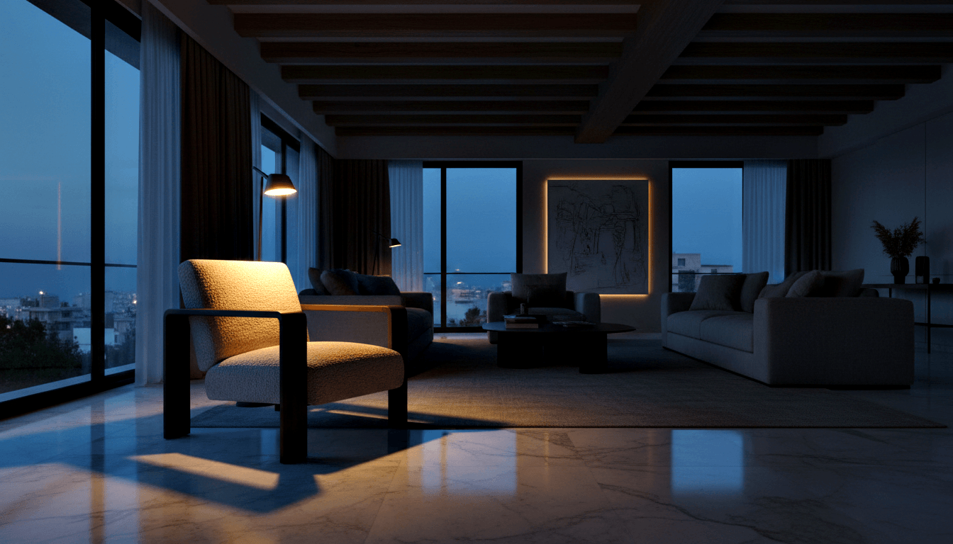 CGI living room at dusk with cream boucle armchair, sectional sofa, floor lamp, and floor-to-ceiling windows showing blue twilight.