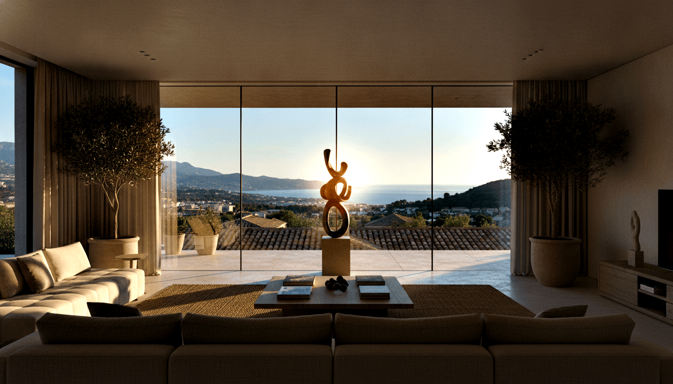 CGI render: modern living room with bronze sculpture, cream sectional sofa, olive trees, floor-to-ceiling glass walls, coastal bay view.