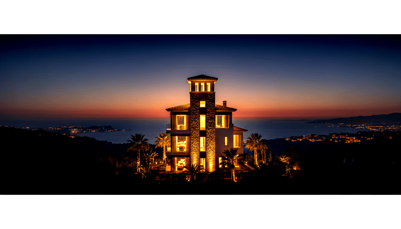 Stone villa with tower on hilltop at dusk, golden uplighting, palm trees, navy sky, burnt-orange horizon, coastal town lights.