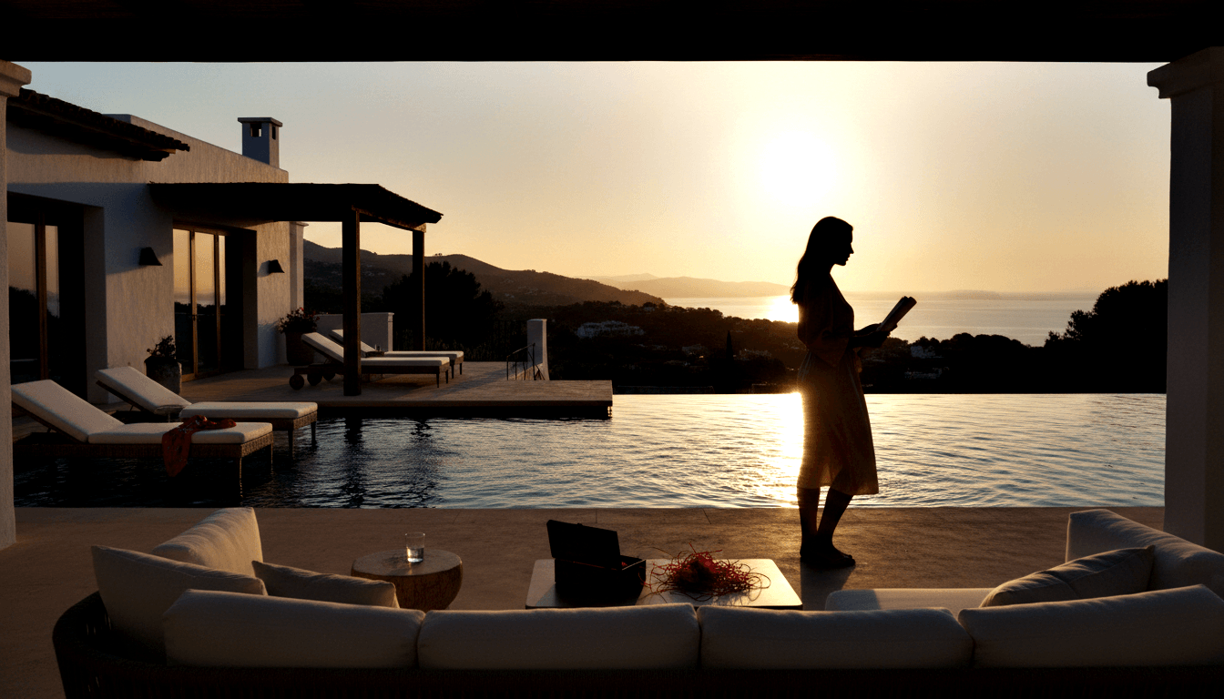 Woman silhouette at infinity pool edge under golden sunset; white loungers, sofa, laptop, coffee tables in foreground loggia.