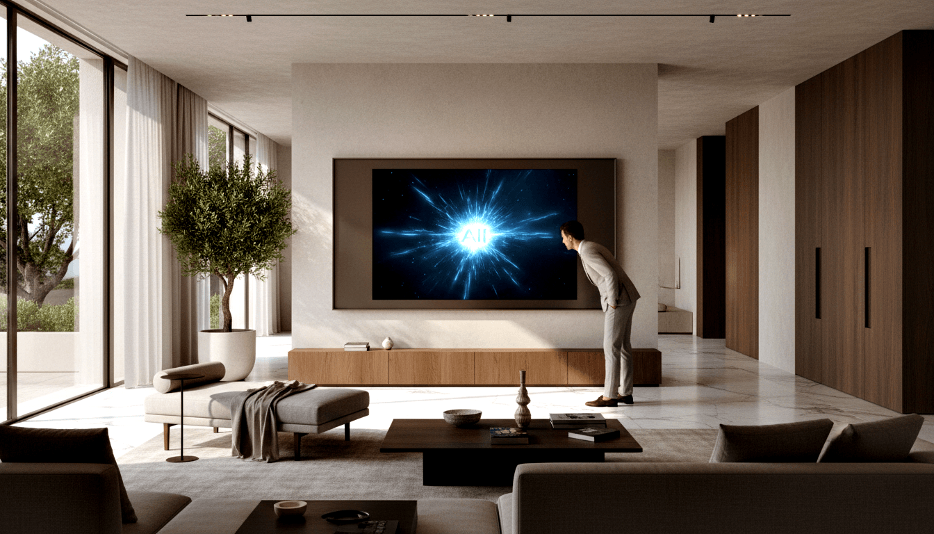 Man in beige suit leans toward wall-mounted TV showing cyan starburst, above wood credenza, in CGI room with marble floors and tall windows.