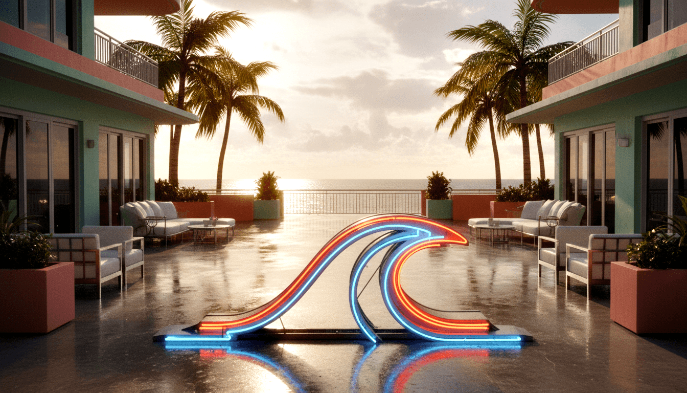 Neon wave sculpture with red, orange, and blue tubes on wet concrete terrace flanked by teal buildings with coral trim and white sofas.