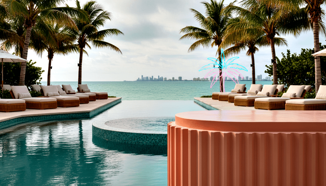 Infinity pool with curved teal mosaic edges on a waterfront deck, flanked by wicker chaise lounges, with a distant skyline.