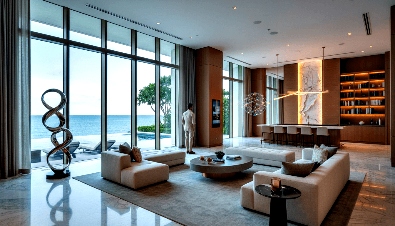 Open-plan room with glass walls, cream sofas, chrome infinity sculpture, and white-clad figure facing ocean terrace with pool.