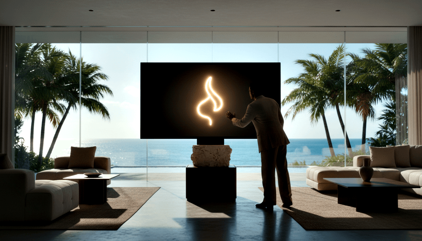 Person in trousers and blazer pointing toward a large dark display on a pedestal over a stone block with a glowing gold flame symbol.