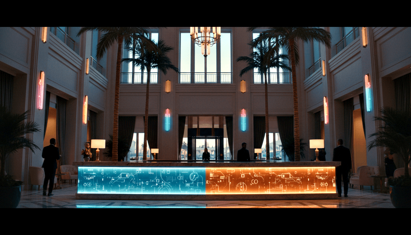 Symmetrical hotel lobby with cyan-blue and amber reception desk, classical architecture, neon tubes, marble floors, and formally dressed staff.