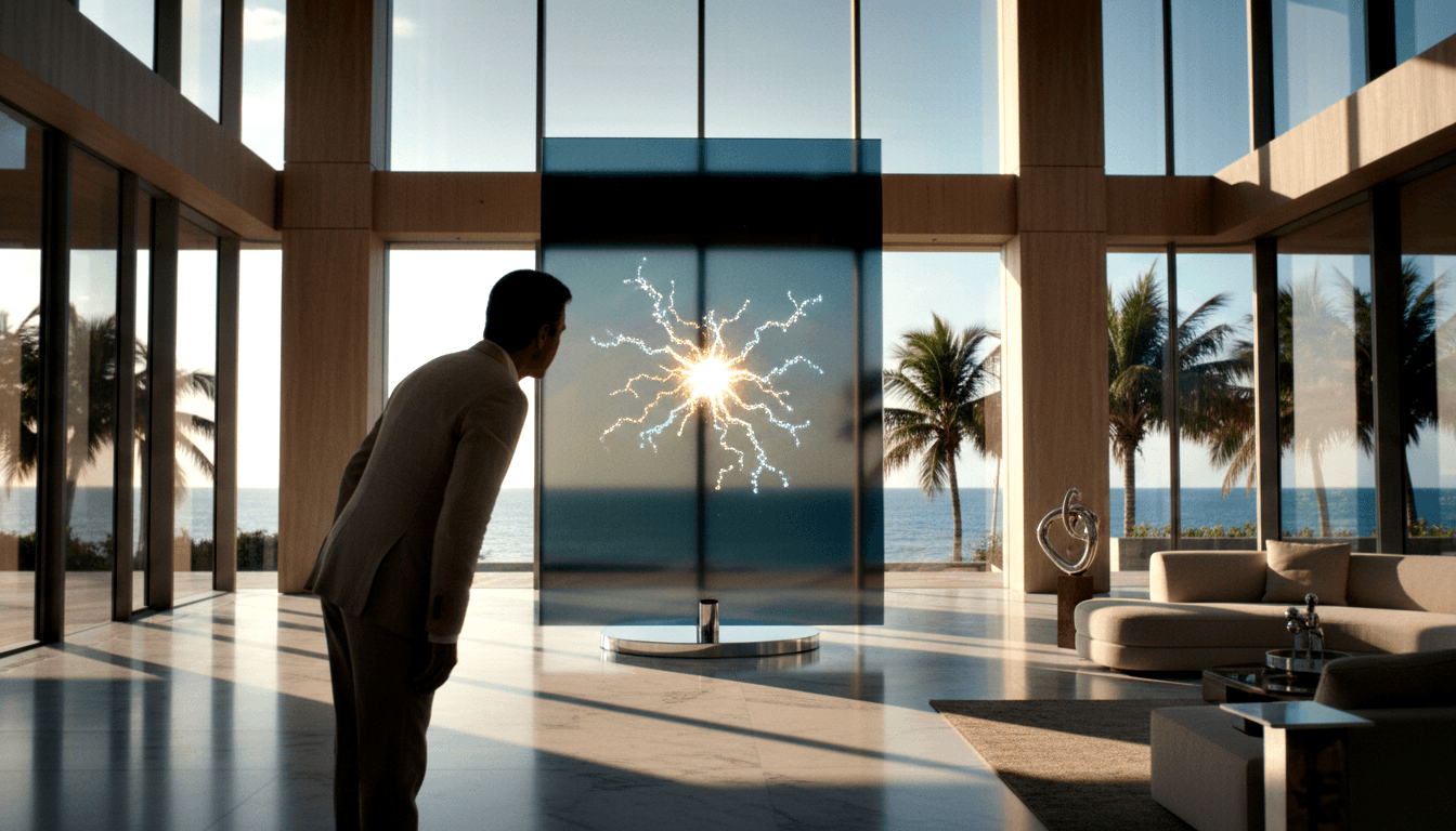 Person in beige suit viewed from behind examining a large transparent panel with glowing teal and gold branching light formation on chrome base.