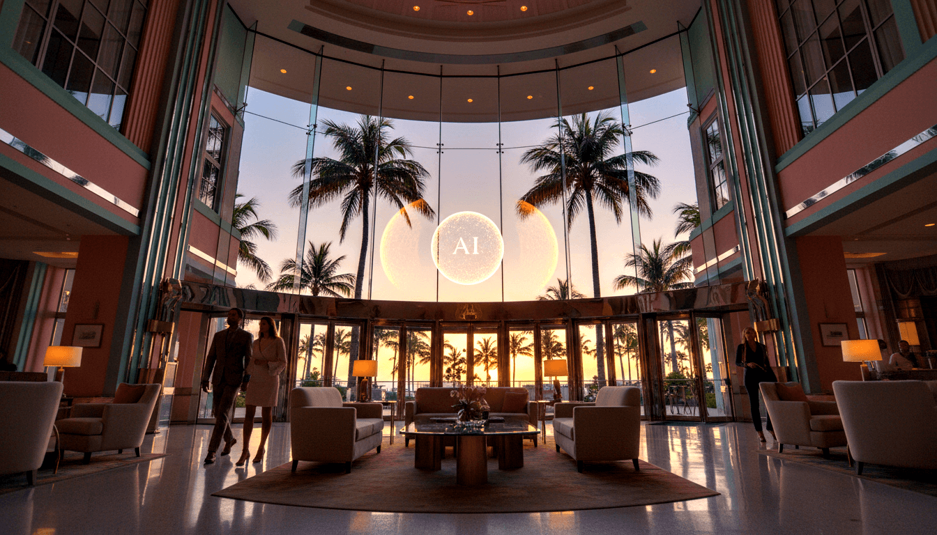 CGI circular hotel rotunda, salmon-pink walls, teal trim, curved glass, palm trees, glowing 'AI' orb, silhouetted figures.