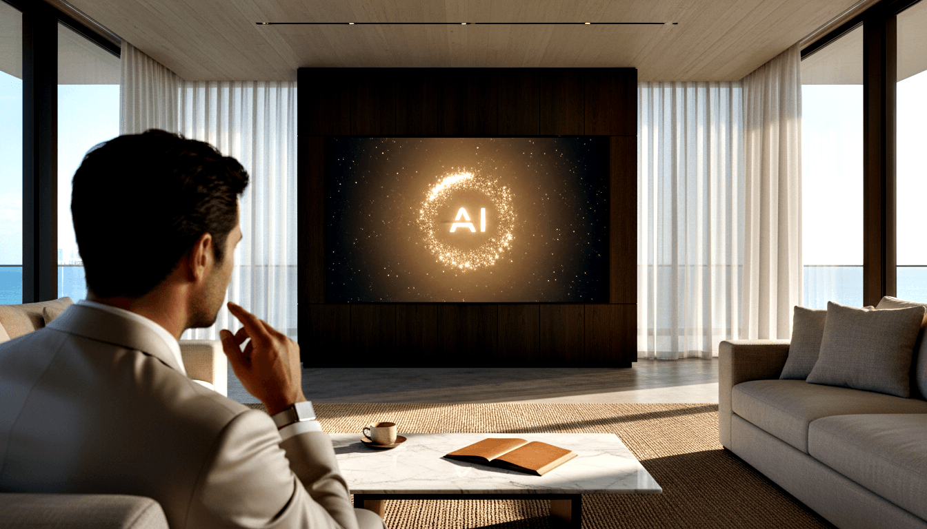 Man in cream blazer, back to camera, points at large screen displaying 'AI' in glowing amber ring on dark wall.