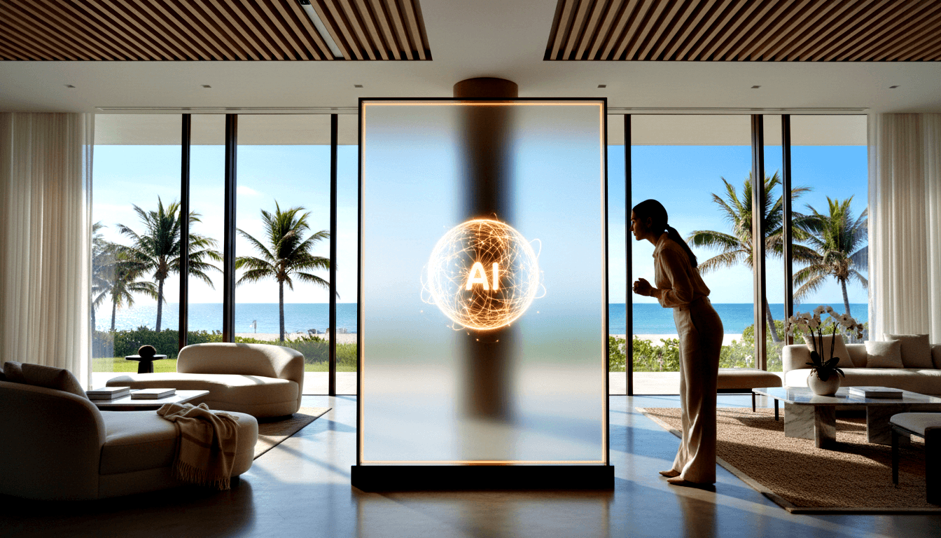 Transparent display panel with amber AI orb; cream sofas, orchids, ocean-view windows; adult in cream trousers leans toward screen.