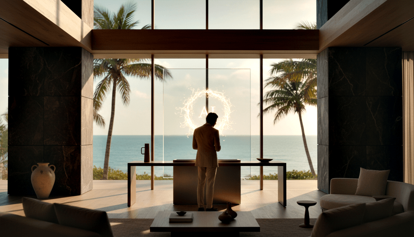Person in cream outfit stands at console table before floor-to-ceiling glass walls with coastal view and glowing golden 'AI' ring on glass.