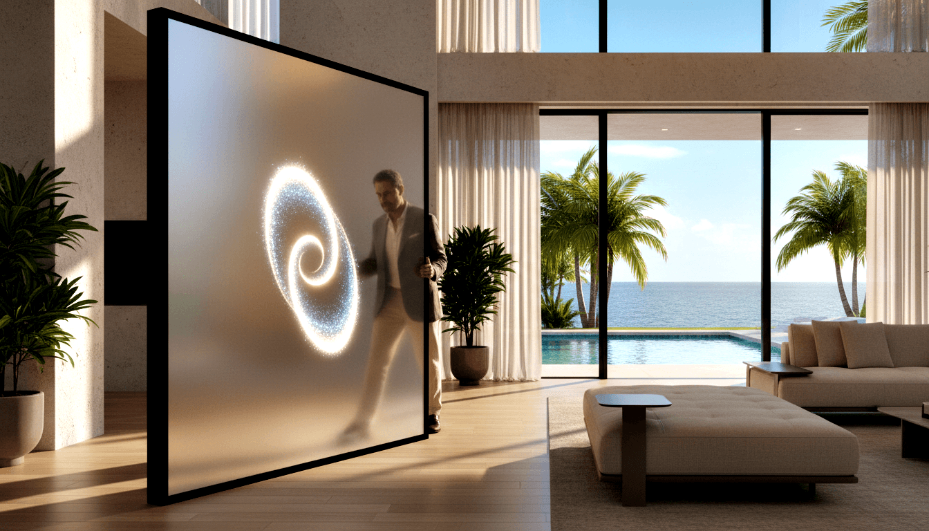 Gray-haired man in light gray blazer walks into a glowing white spiral vortex on a large black-framed panel in a CGI interior.