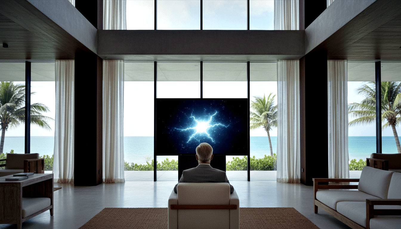 Man in gray suit in cream armchair faces TV showing blue-white starburst; glass walls reveal tropical ocean view.