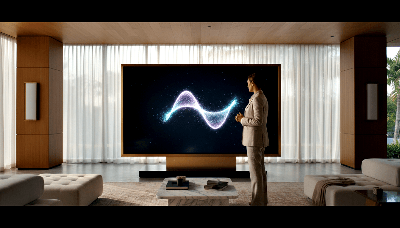 Woman in beige suit stands in profile with clasped hands before a large gold-framed display showing cyan and violet wave animation.