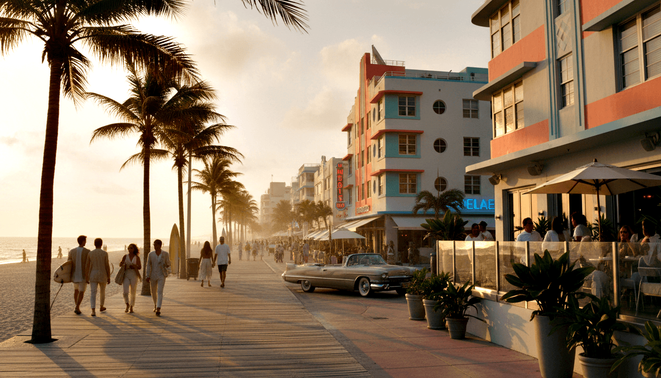Golden-hour beachfront boulevard: Art Deco facades, palm trees, pedestrians, one with yellow surfboard, gold vintage convertible.