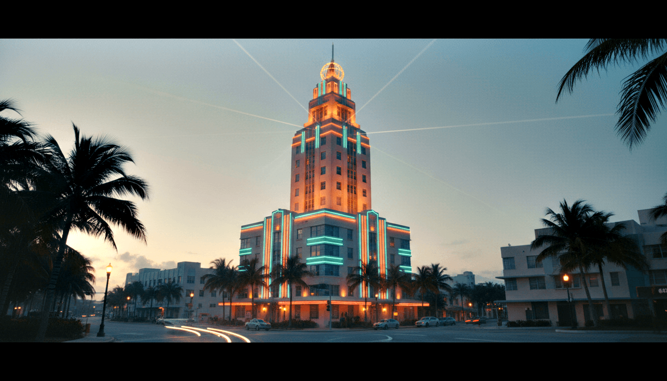 Art Deco stepped-pyramid tower with teal neon and amber floodlighting, flanked by palm trees and vehicle light trails at twilight.