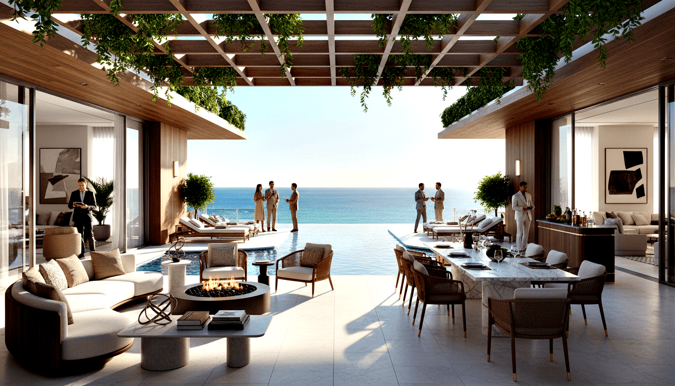 Covered terrace with pergola, sectional sofas, marble dining table, fire pit, and infinity pool merging with ocean; 6–7 adults near pool.