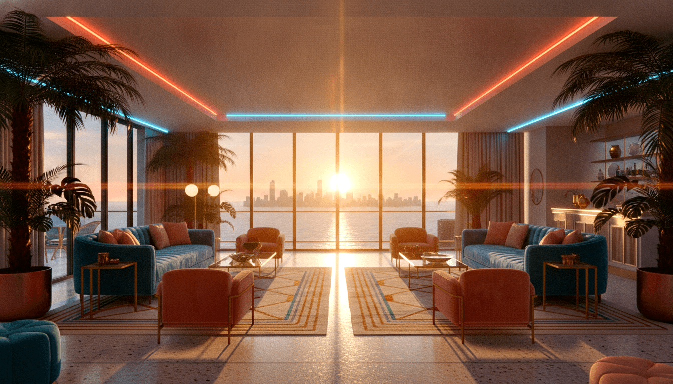 Symmetric lounge with teal sofas, terracotta armchairs, gold coffee tables, and floor-to-ceiling windows framing a sunset over water.