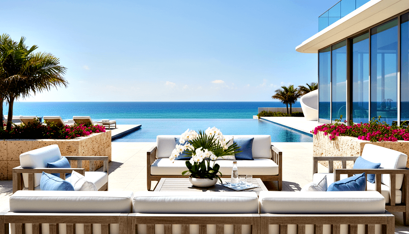 Teak sofas with white cushions around slatted coffee table, infinity pool merging with ocean beyond, palm trees and bougainvillea.