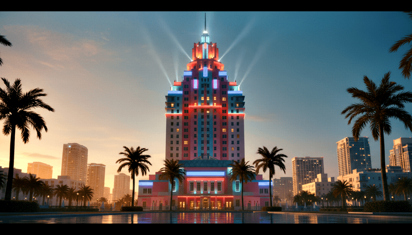 Symmetrical Art Deco tower with pink and coral facade, teal neon bands, crimson accents, and spotlights radiating from spire into twilight sky.