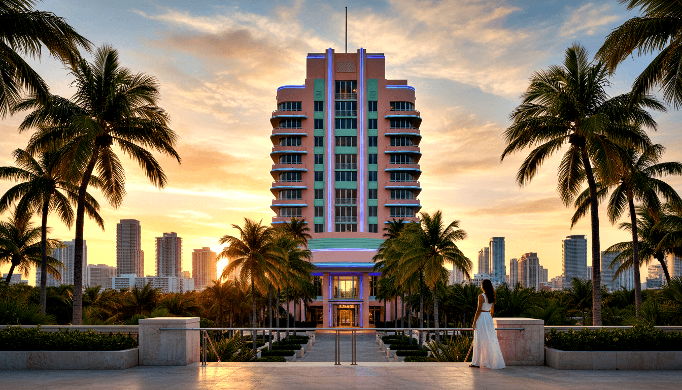 Palm-lined promenade leads to salmon-pink Art Deco building with mint green panels and blue neon under orange sunset sky.