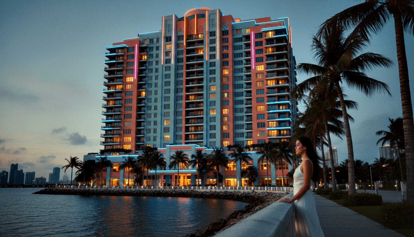 Young woman in white dress leans on white railing at waterfront promenade at dusk, gazing at coral-pink tower with cyan neon accents.