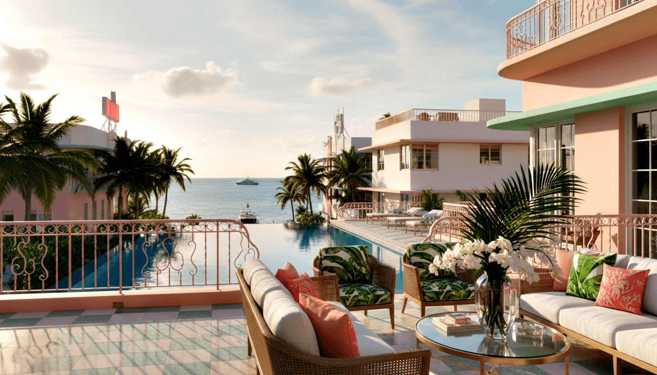 Rendered terrace with wicker armchairs, coral-pillowed sofa, and glass-topped gold table; infinity pool meets ocean with yacht beyond.