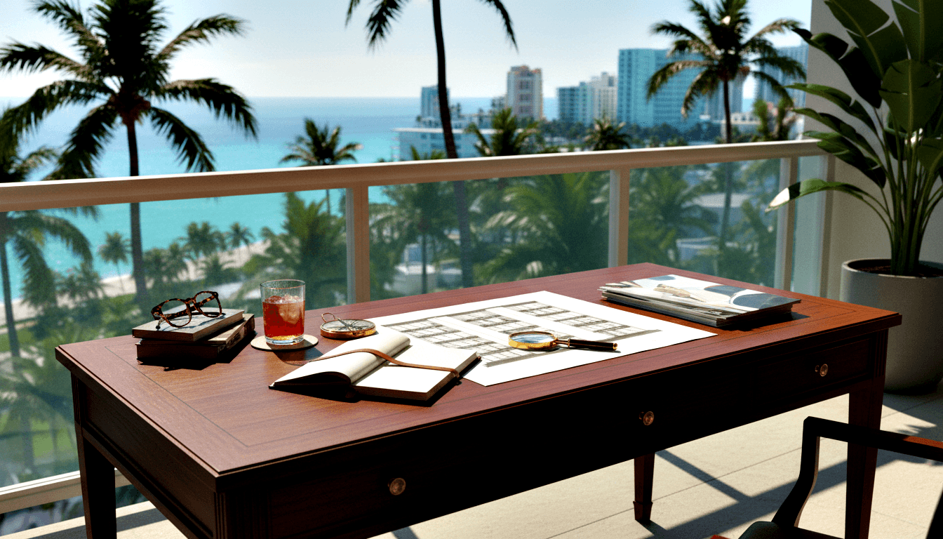 Dark mahogany desk on balcony with notebook, documents, iced drink, glasses, and brass instrument overlooking turquoise ocean and beach.