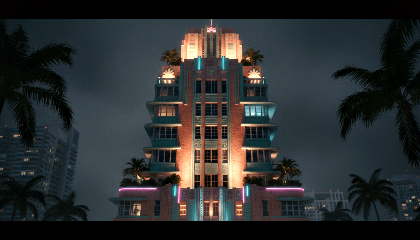 CGI Art Deco tiered tower with amber uplighting, teal and pink neon on balconies, palm trees silhouetted against overcast night sky.
