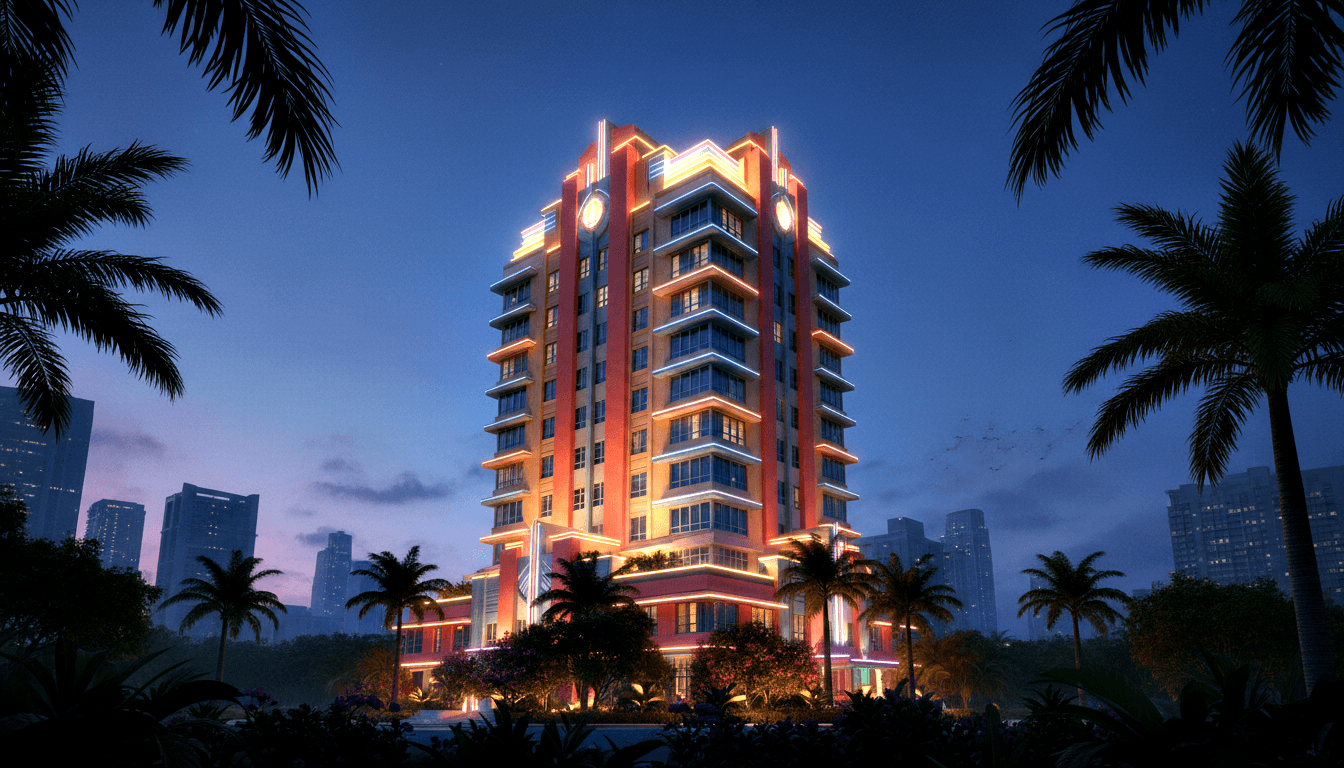 CGI tower, orange-coral facade, vertical pilasters, cyan LED floor banding, gold crown, palms, reflecting pool, night sky.