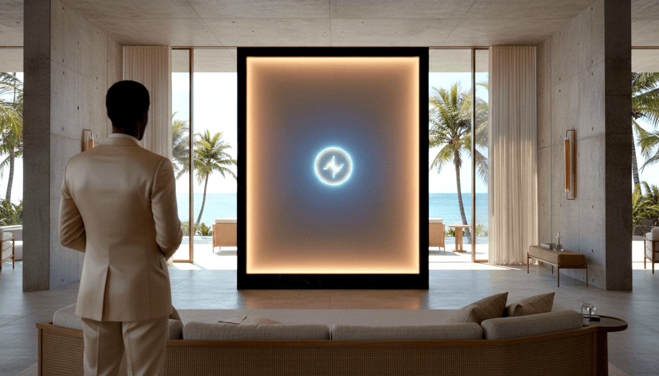 Person in cream suit facing large black-framed luminous panel with glowing four-pointed star emblem, in a concrete space with ocean view.