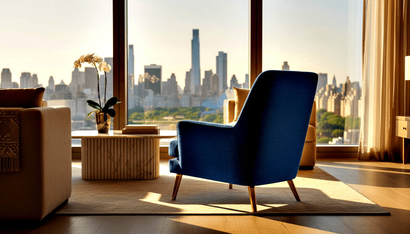 Navy blue high-back lounge chair with brass legs facing floor-to-ceiling windows overlooking urban skyline above green parkland.