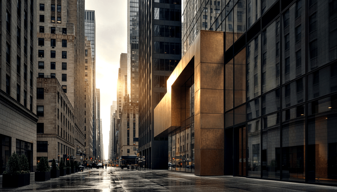 Wet urban street in one-point perspective with dark glass towers, classical stone buildings, and a copper portal in amber backlight.