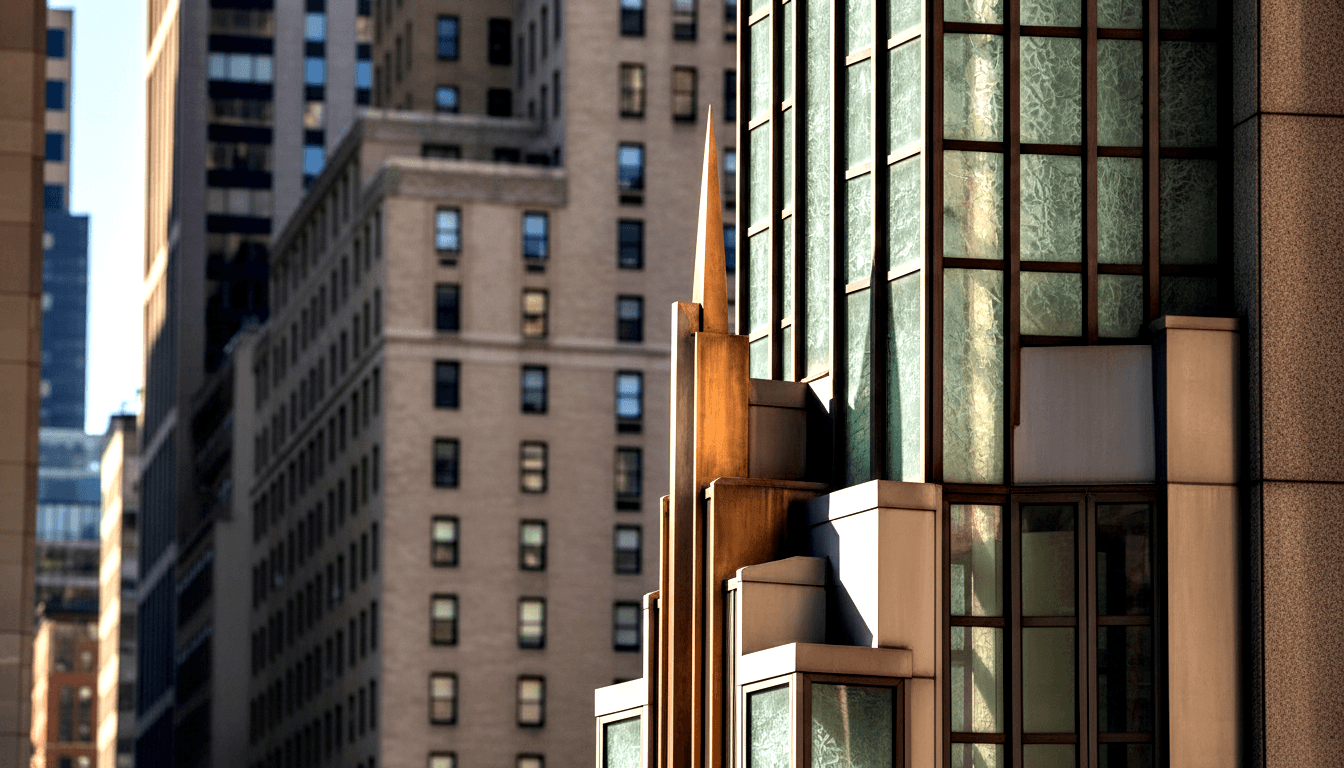 Art Deco skyscraper crown with copper bronze spire, stepped geometric setbacks, and sage-green cracked-ice glass curtain wall panels.